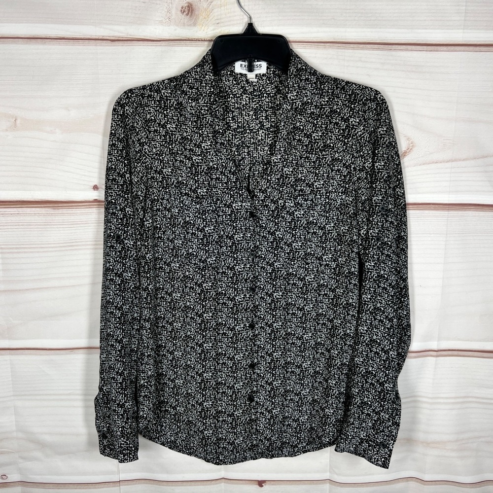 Express Top Womens XS Black Portofino Shirt Button Up Printed‎ Tab Sleeve Woven